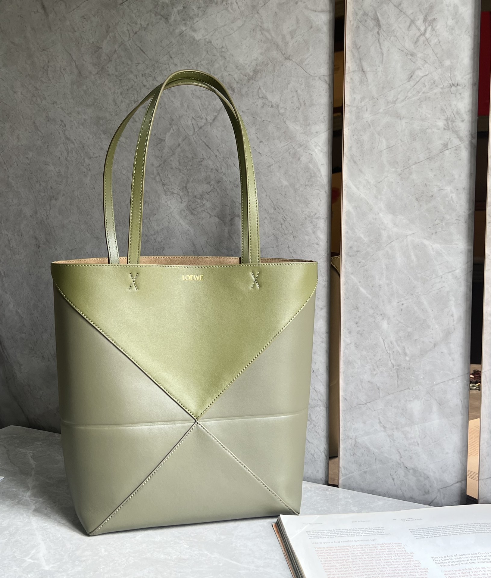 Loewe Medium Puzzle Fold Tote in Shiny Calfskin Light Green